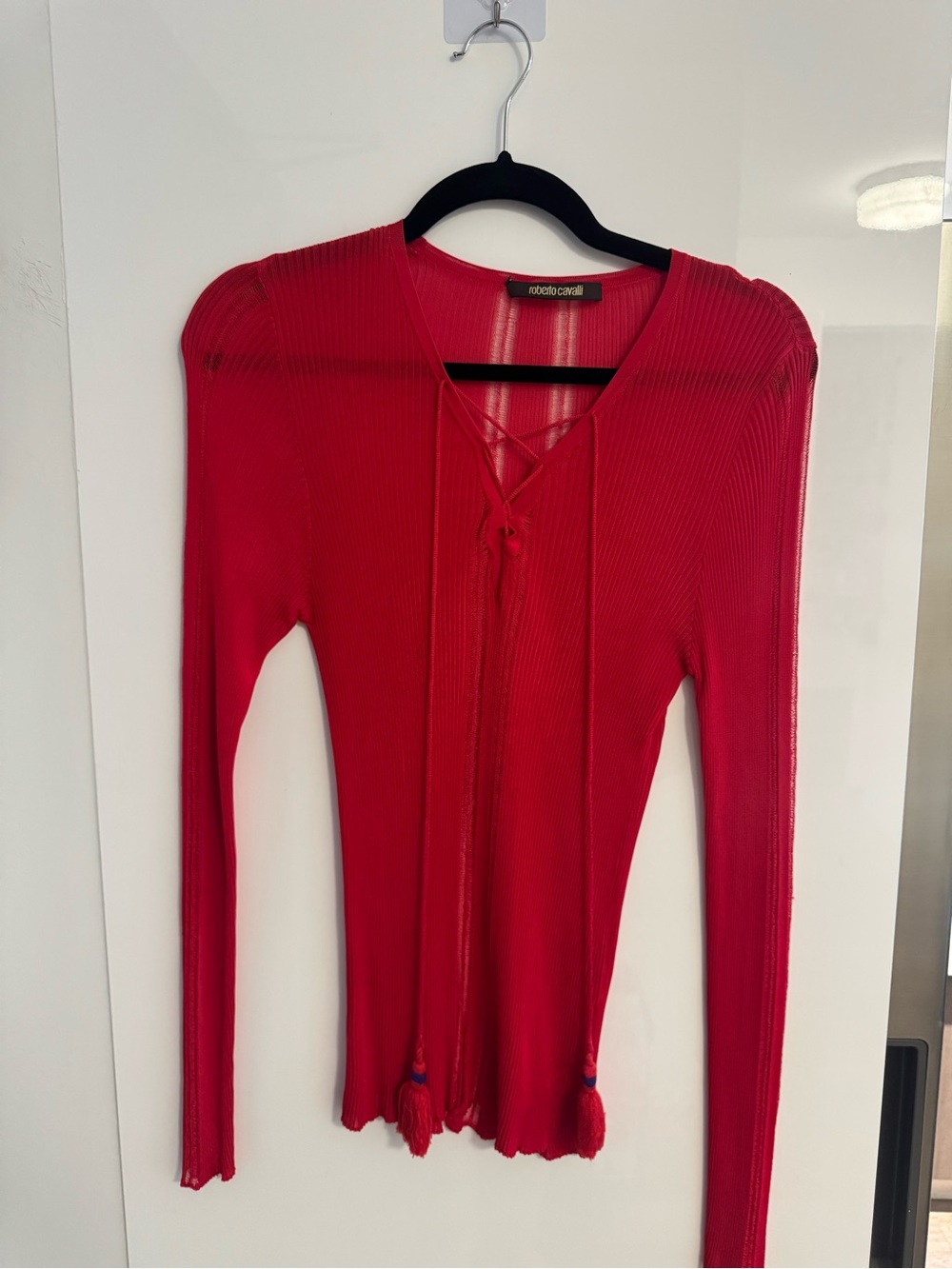 Roberto Cavalli Red Ribbed Tie-Front Long Sleeve Top with Tassels